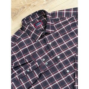 UNTUCKit Benoit Plaid Button Down Shirt Mens Medium Burgundy Navy Stretch 40692